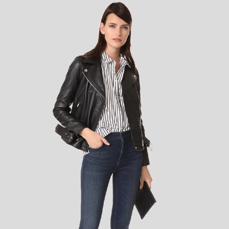 Sandra Black Biker Leather Jacket V-Neck Jacket Boat Neck Jacket Square Neck Jacket