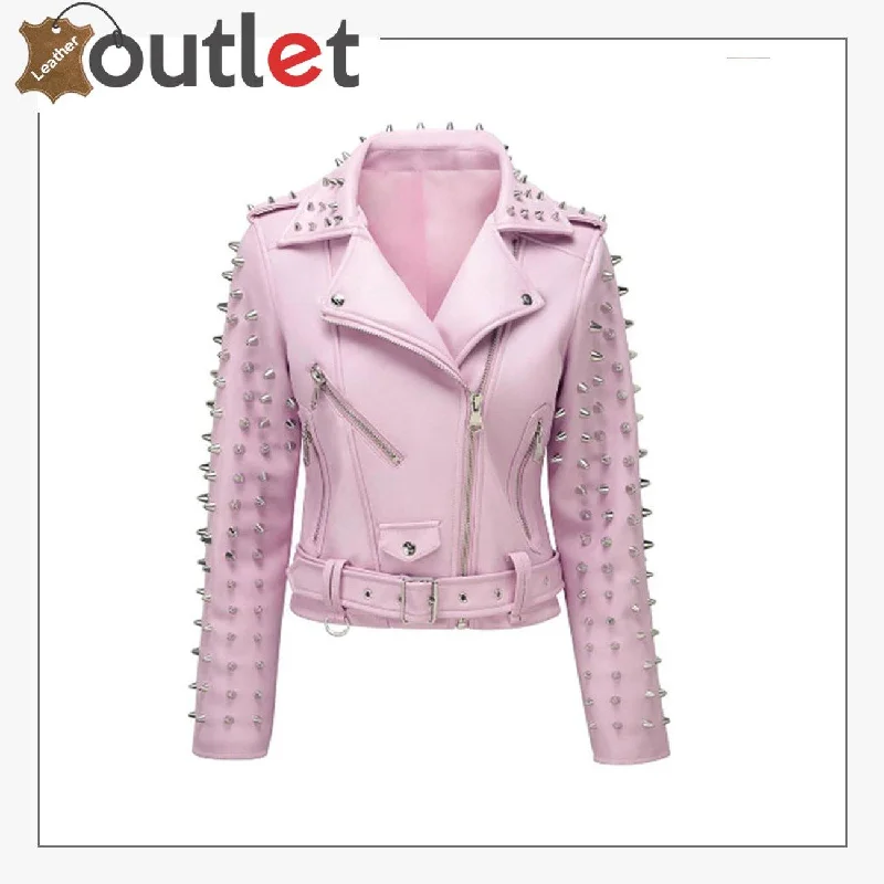 Soft Pink Studded Leather Biker Jacket Snapped Jacket Toggled Jacket Drawstring Jacket