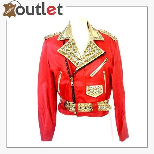 Studded Crystal Embellished Vintage Leather Jacket Satin Fabric Silk Fabric Chiffon Fabric