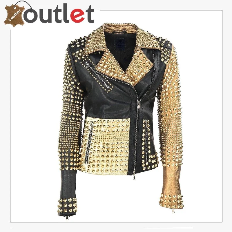 Stylish Golden Studded Black Brando Leather Jacket Notch Collar Peter Pan Collar Cowl Neck