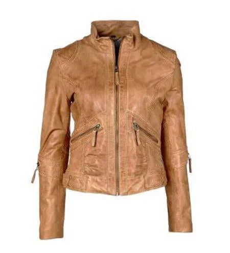 Super Brown Women Classic Leather Jackets Boat Neck Shawl Collar Notched Collar