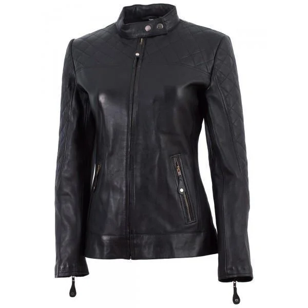 Super Cafe Racer Black Women Leather Jacket Zip Front Button Front Snap Front