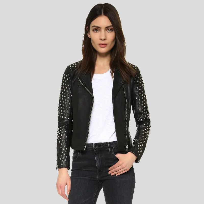 Taliyah Black Studded Leather Jacket Insulated Jacket Fitted Jacket Loose Jacket