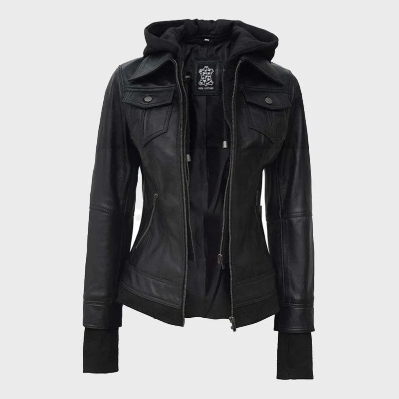 Womens Black Leather Motorcycle Jacket with Hood Front Pockets Side Pockets Patch Pockets