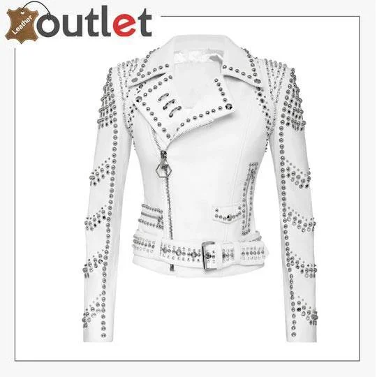 White Lambskin Perfecto Spike-Stud Biker Jacket Welt Pockets Slit Pockets Flap Pockets