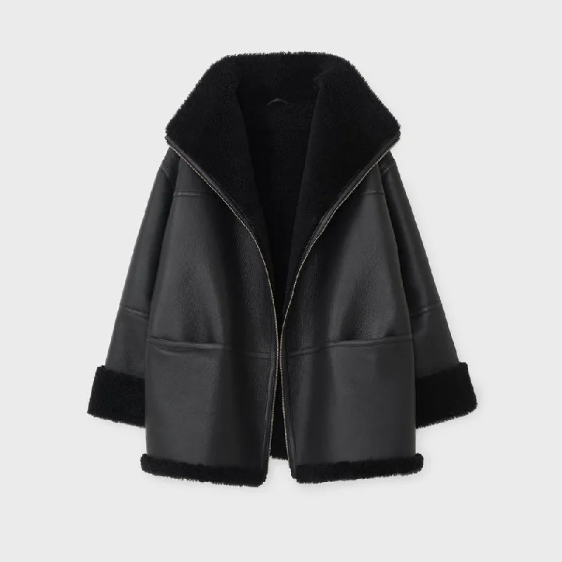 Women Aviator Black Styled Shearling Sheepskin Leather Jacket Denim Fabric Leather Fabric Suede Fabric