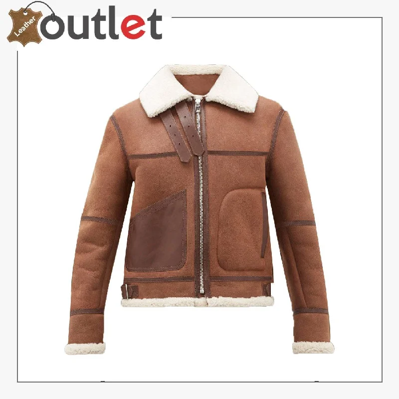 Women Casual Brown Shearling Leather Jacket A-Line Jacket Boat Neck Shawl Collar