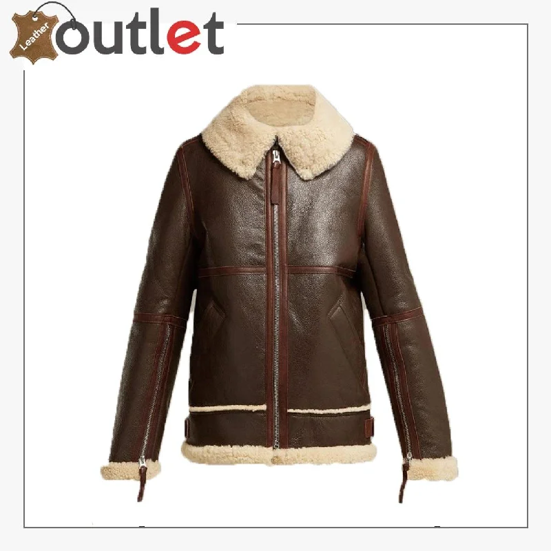 Women Coffee Brown Shearling Leather Jacket Striped Jacket Polka Dot Jacket Floral Jacket