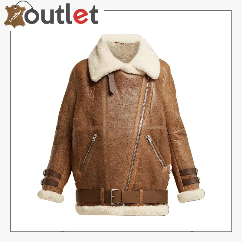 Women Light Brown Shearling Leather Jacket Fitted Jacket Loose Jacket Oversized Jacket