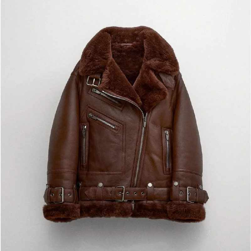 Women Sheepskin Shearling Brown Aviator Styled  Leather Jacket Front Pockets Side Pockets Patch Pockets