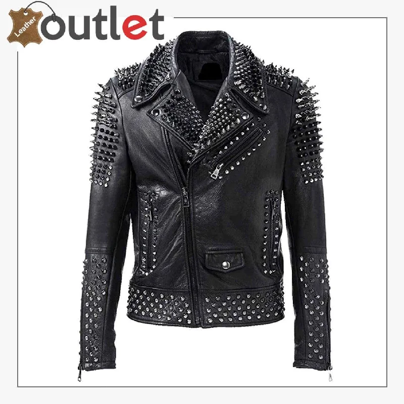 Women Studded Spike Black Leather Jacket Print Jacket Jacquard Jacket Embroidered Jacket