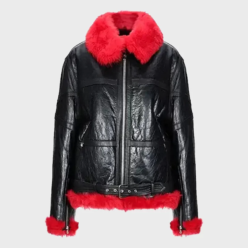 Women's Alexander McQueen Aviator Red Shearling Jacket Nylon Jacket Polyester Jacket Spandex Jacket