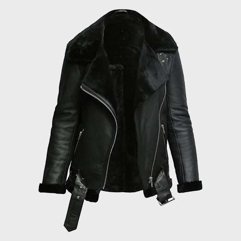 Women's Black Real Sheepskin Leather Flying Jacket Fleece Jacket Down Jacket Parka