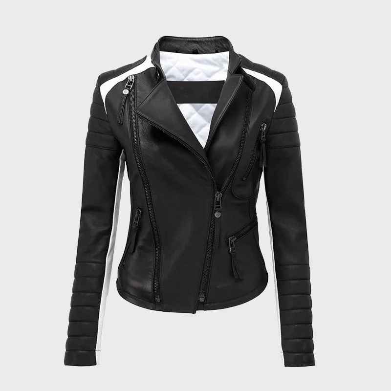 Women's Black & White Sheepskin Biker Leather Jacket Bomber Jacket Anorak Windbreaker