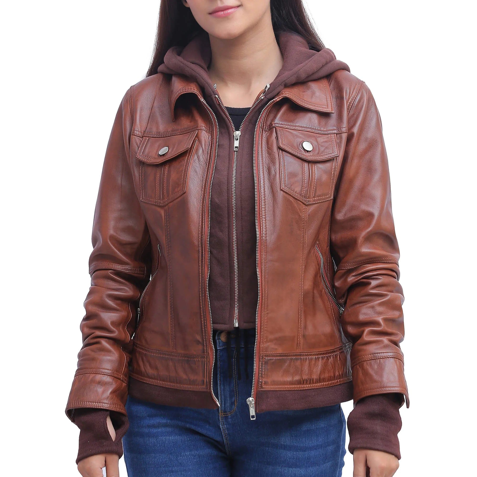 Womens Brown Leather Jacket With Hood Oversized Jacket Tailored Jacket Straight Jacket