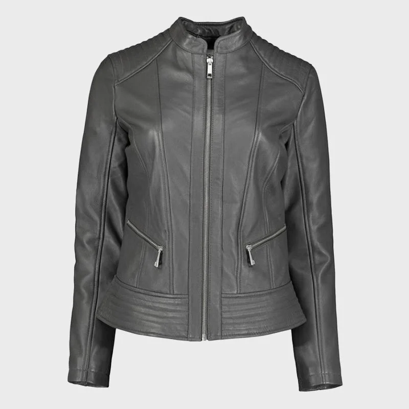 Women's Charcoal Grey Leather Biker Jacket Hooded Jacket Caped Jacket Shawl Collar Jacket