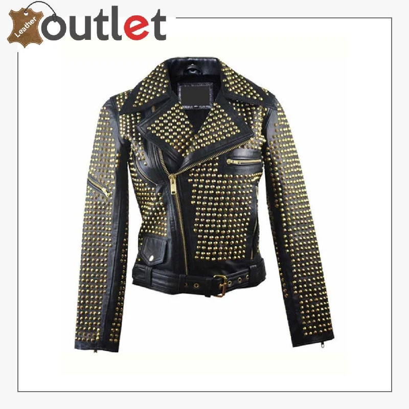 Womens Full Golden Studded Leather Jacket Wool Jacket Cashmere Jacket Tweed Jacket