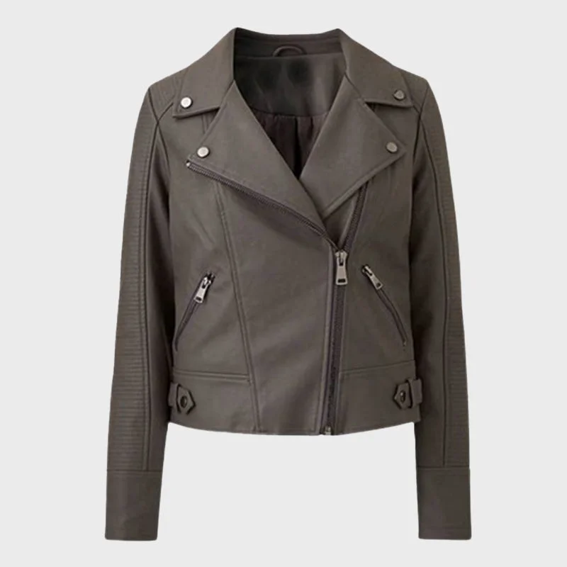 Women's Mid Grey Curve Biker Leather Jacket V-Neck Jacket Boat Neck Jacket Square Neck Jacket