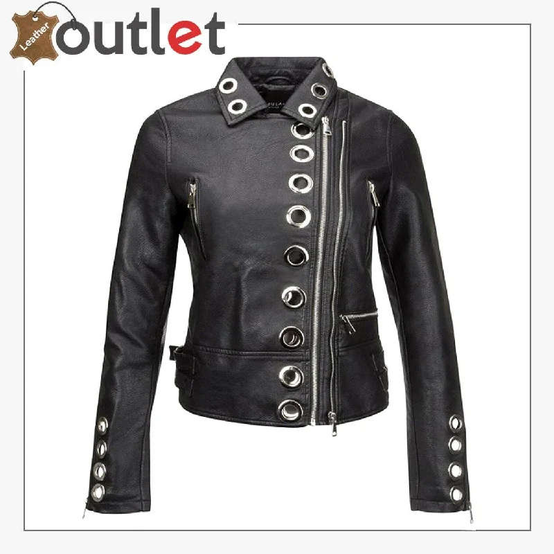 Womens Real Black Leather Studded Eyelet Jacket Fleece Jacket Down Jacket Parka