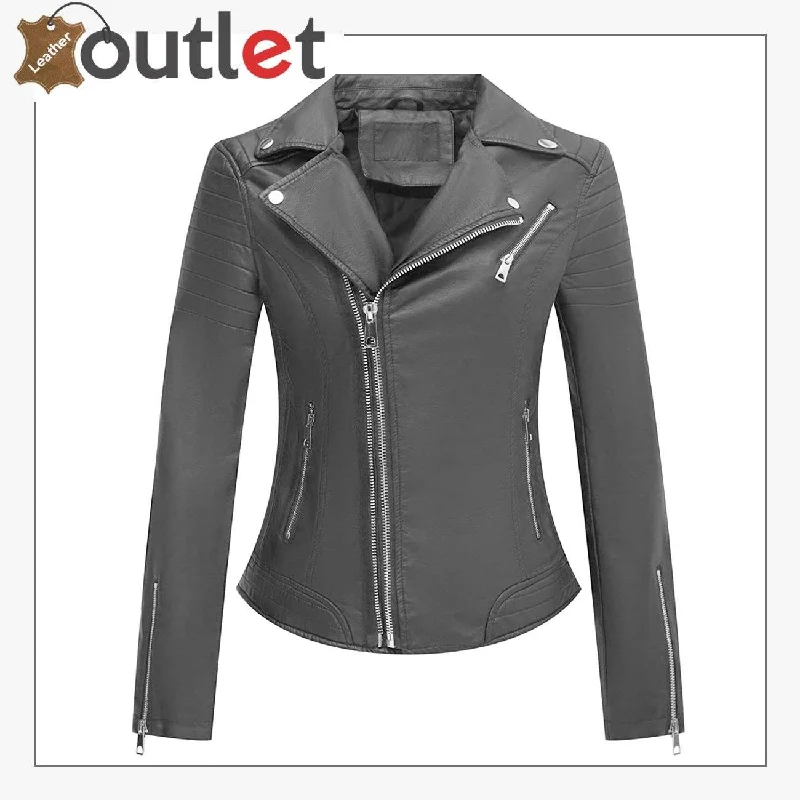 Womens Studded Leather Moto Biker Jacket Tailored Jacket Straight Jacket A-Line Jacket