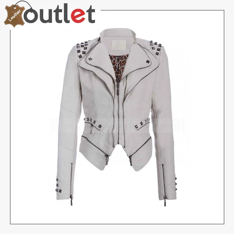 Womens White Studded Punk Leather Jacket Zip Front Button Front Snap Front