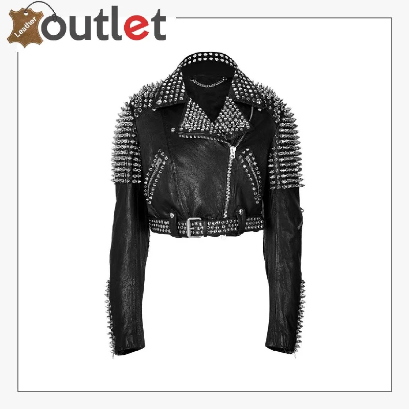 World Ends Britney Spears Studded Leather Jacket Welt Pockets Slit Pockets Flap Pockets