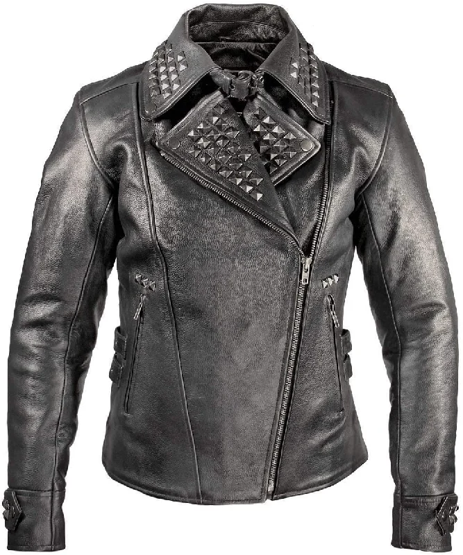 Xelement XS-783 Women's Black Leather Punk Studded Jacket Welt Pockets Slit Pockets Flap Pockets