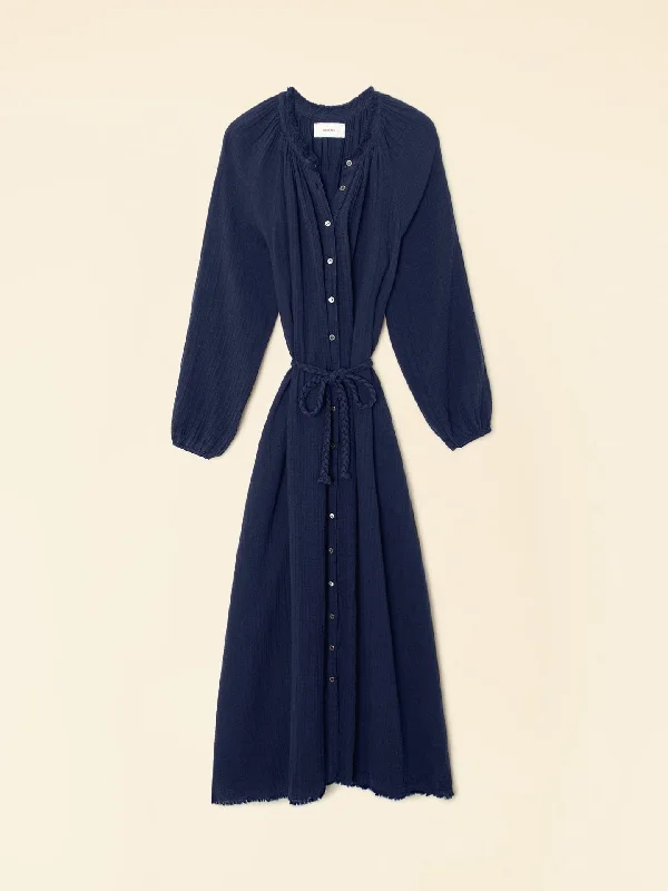Andrea Navy Cotton Gauze Maxi Dress Chic Off-Shoulder Maxi Dress