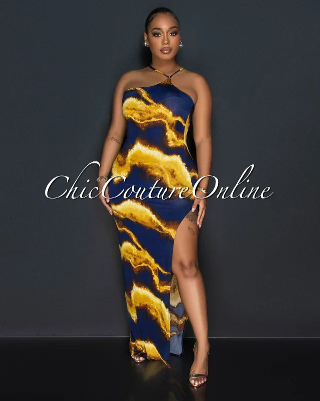 Batista Navy Blue Mustard Print Halter Maxi Dress Cozy Knit Maxi Dress