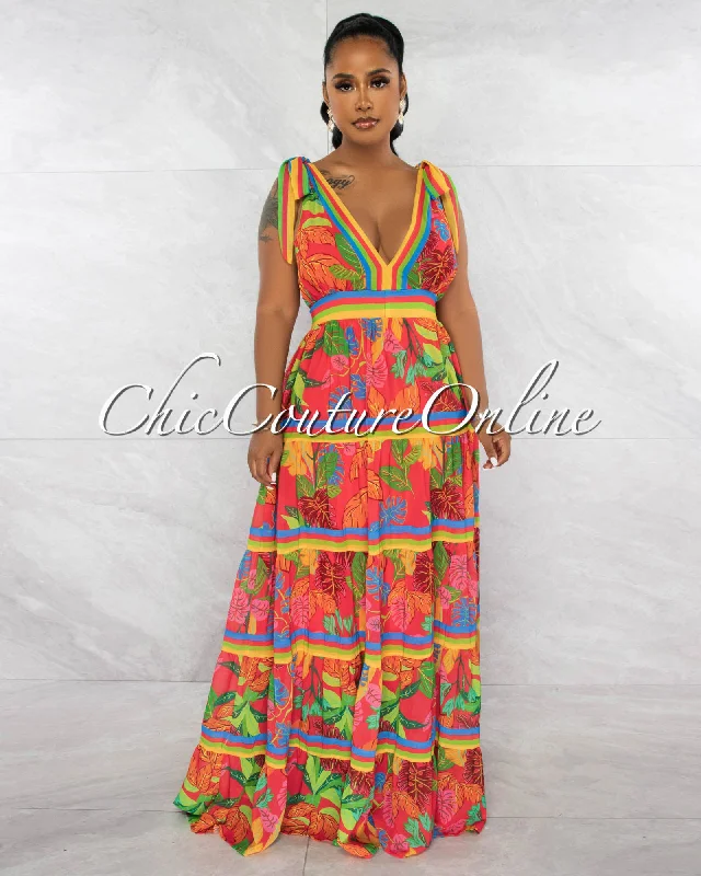 Bettie Red Multi-Color Print Tie Straps Maxi Dress Cozy Wrap Maxi Dress