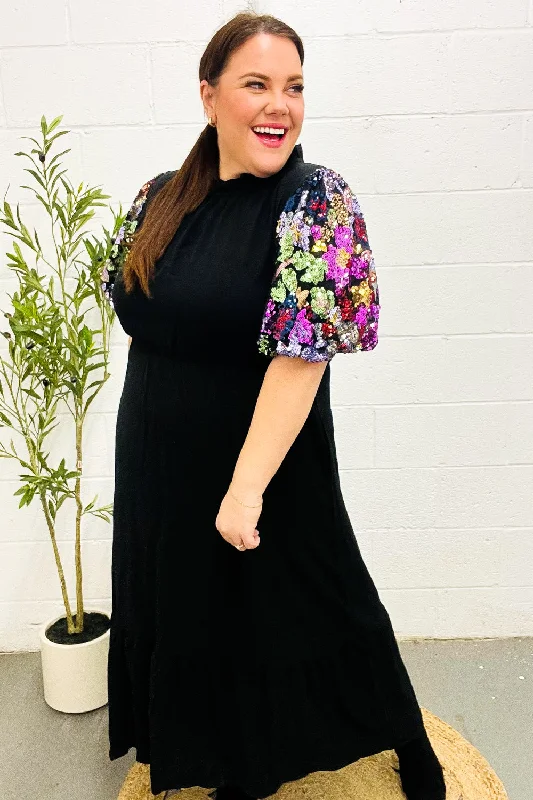 Black Floral Sequin Puff Sleeve Mock Neck Tiered Maxi Dress Classic Tulle Maxi Dress
