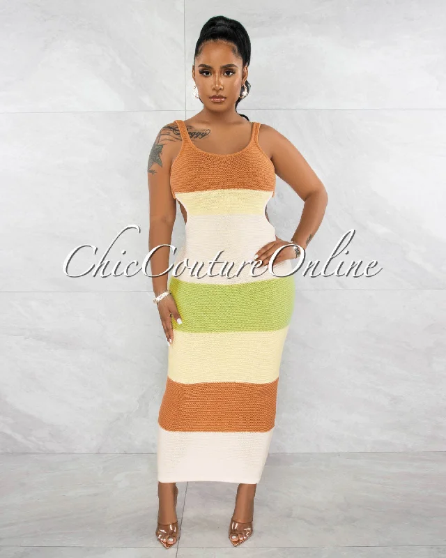 Blaise Nude Sage Camel Stripes Knit Open Back Maxi Dress Trendy Floral Print Maxi Dress