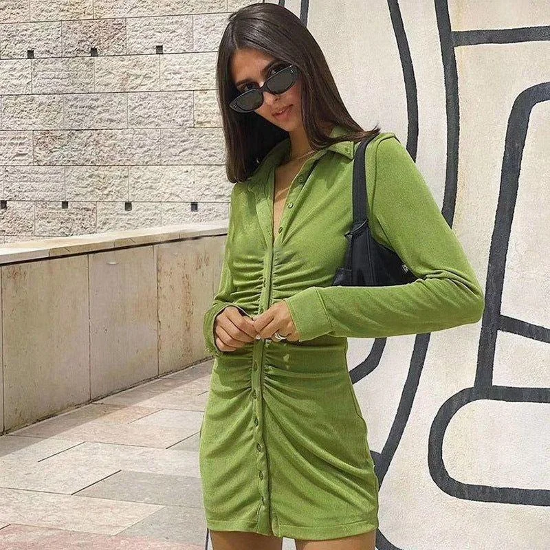 Blooms Love Ruched Long Sleeve Mini Dress Trendy Button-Detail Mini Dress