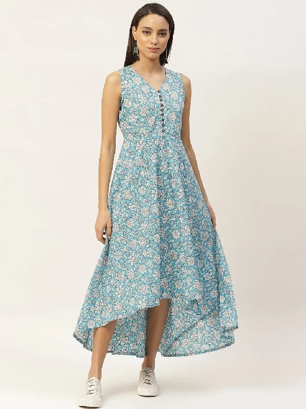 Women's Blue Floral High Low Flared Maxi Dress - SASSAFRAS Classic V-Neck Maxi Dress