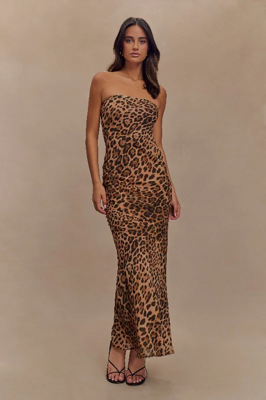 Breanna Strapless Chiffon Maxi Dress - Leopard Print Elegant Maxi Dress with Ruffles