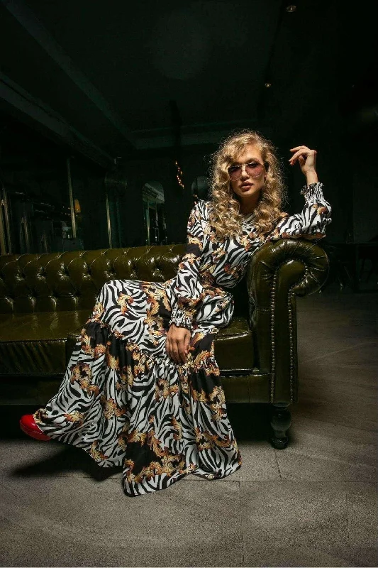 Christa Long Maxi Dress With Long Sleeves Stylish Maxi Dress with Frills