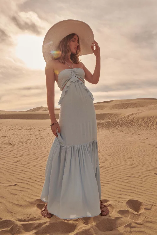 Cloud Nine Ruffled Cutout Halter Maxi Dress Cozy Maxi Dress with Slit