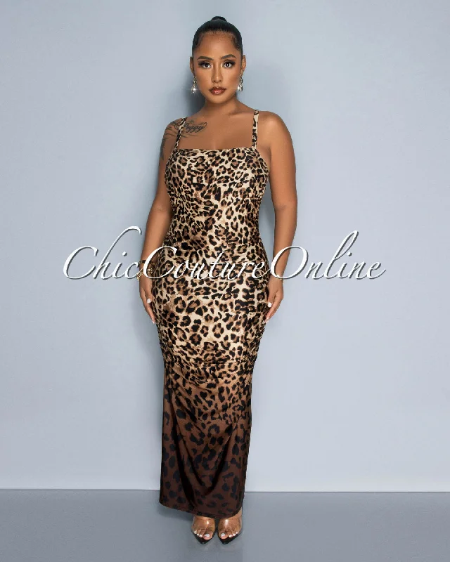 Copans Leopard Print Ombre Ruched Maxi Dress Trendy Floral Print Maxi Dress