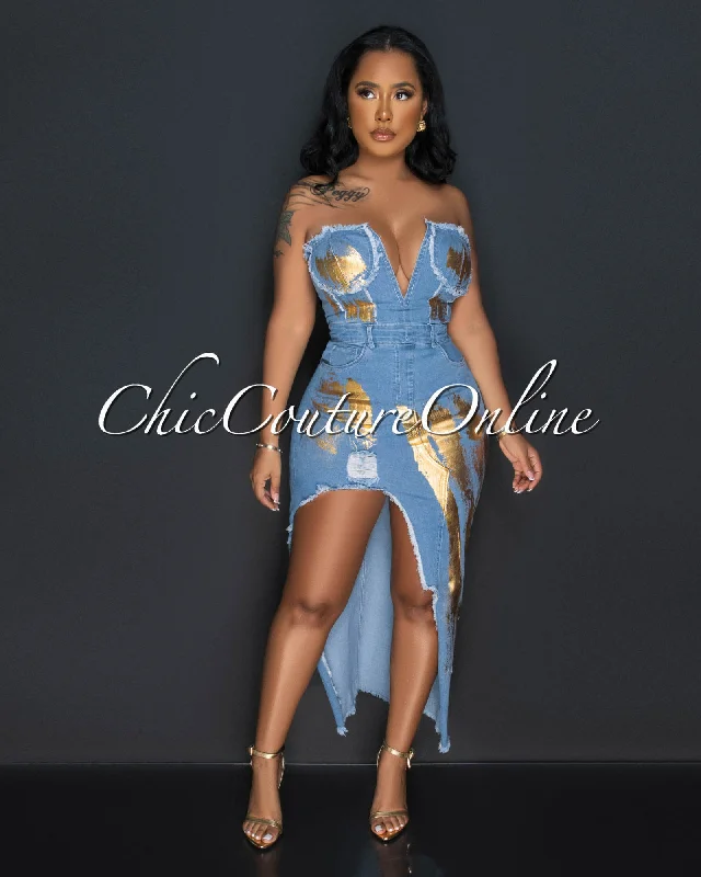 Darnell Light Denim Gold Foil High Slit Maxi Dress Cozy Spaghetti Strap Maxi Dress