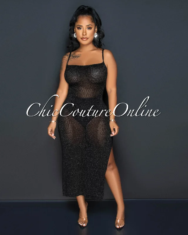 Deany Black Shimmer Lace-Up Back Crochet Maxi Dress Cozy Maxi Dress with Slit