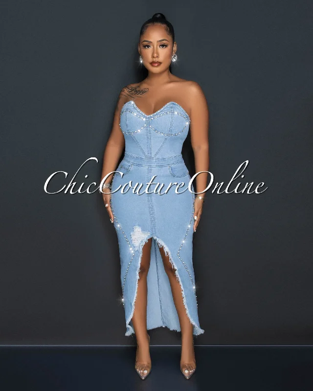 Debora Light Denim Rhinestones Front Slit Maxi Dress Trendy Maxi Dress with Bow