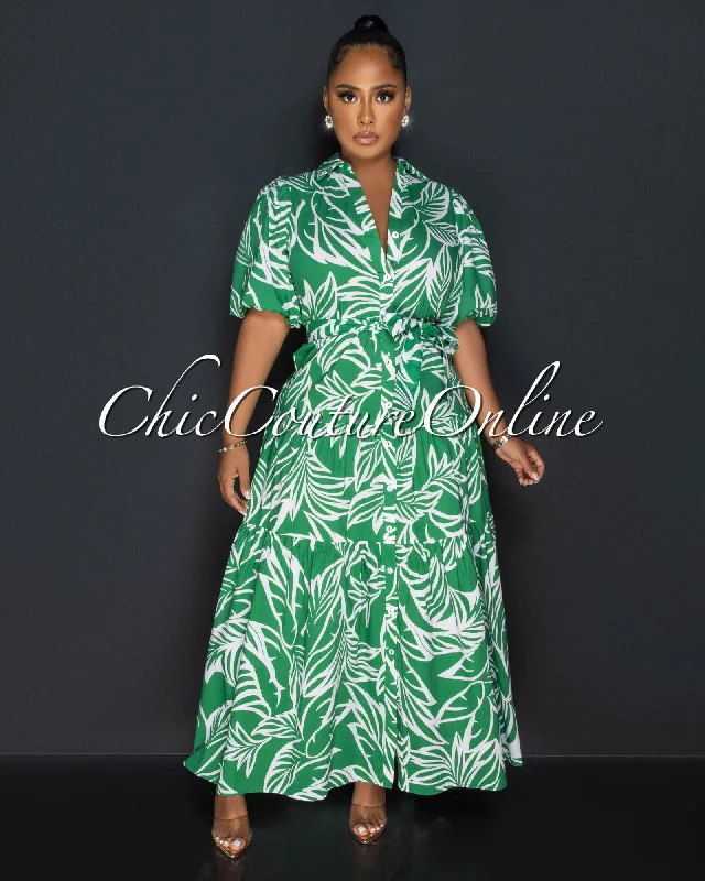 Duna Green White Floral Print Maxi Dress Fashionable Chiffon Maxi Dress