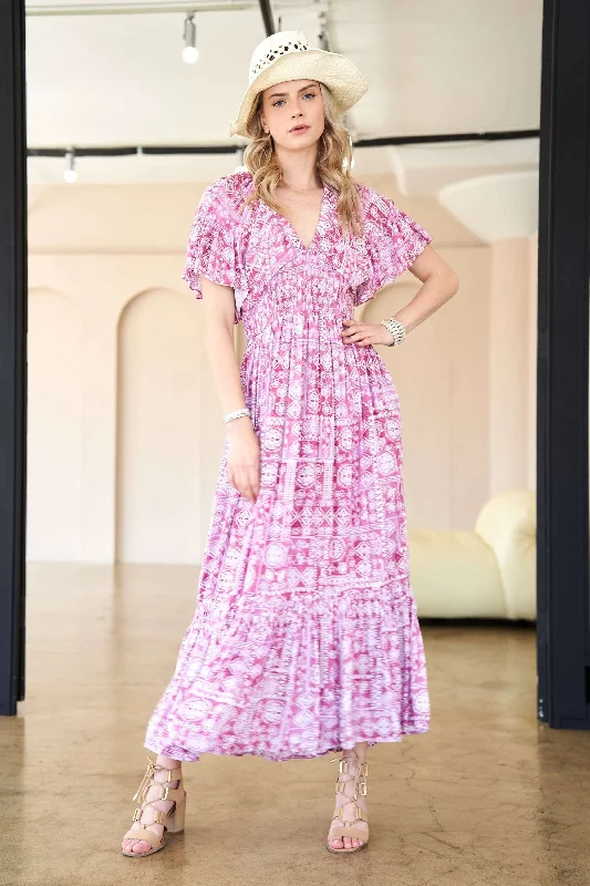 SALE Elastic Ruffle Smocking Ruffle Hemline Maxi Dress Comfortable Maxi Dress with Sleeves