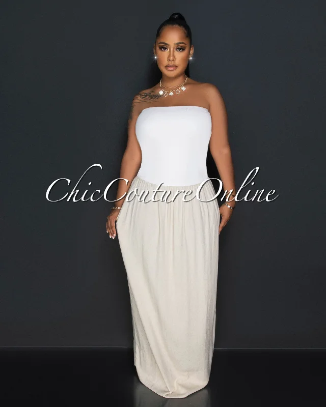 Faela White Ribbed Khaki Linen Strapless Maxi Dress Stylish Off-Shoulder Maxi Dress