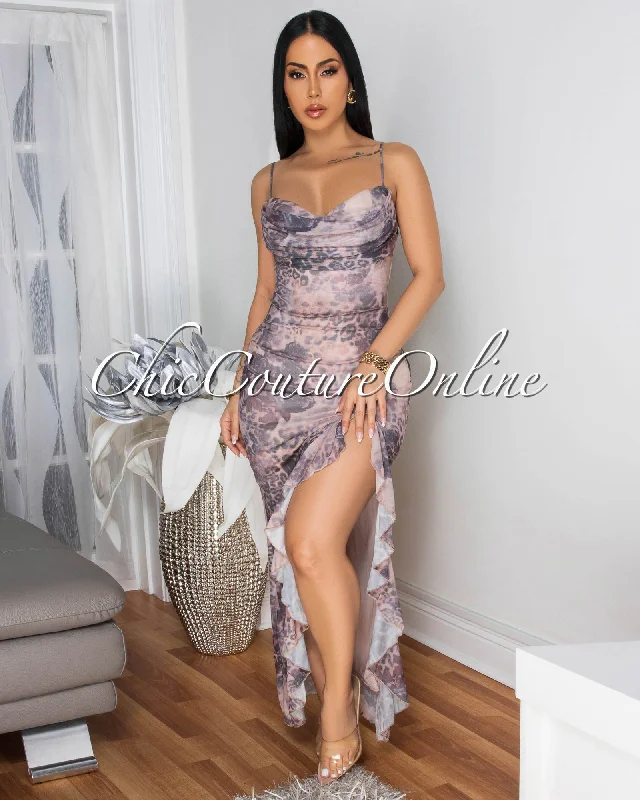 Fernell Dust Rose Leopard Mesh Slit Maxi Dress Classic Solid Maxi Dress