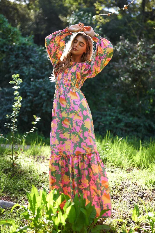 Floral Smocked Bodice Long Sleeve Maxi Dress Comfortable Maxi Dress with Belt
