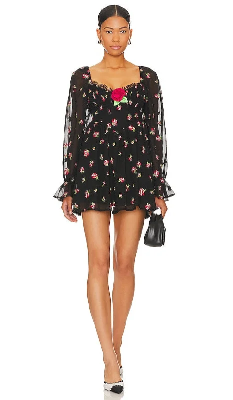 For Love & Lemons Wren Mini Dress in Black Stylish Puff Sleeve Mini Dress