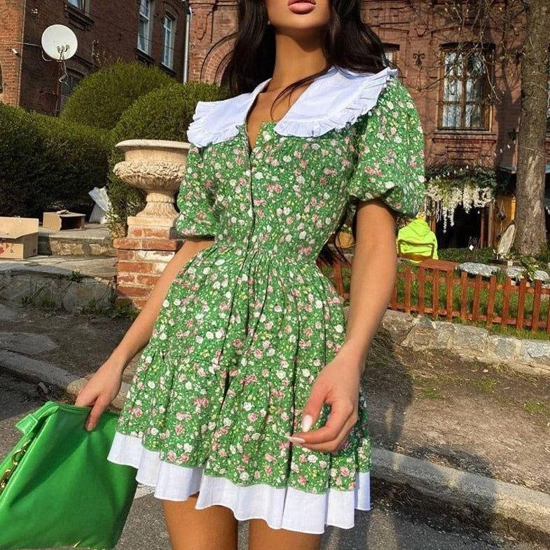 French Macaron Floral Print Summer Mini Dress Elegant Lace-Up Mini Dress