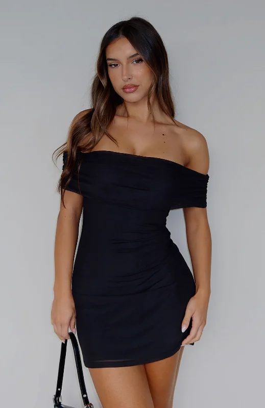 Got The Talent Off Shoulder Mini Dress Black Fashionable Mini Dress with Frills