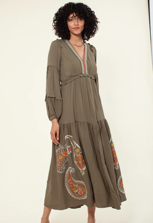 Hale Bob Olive Embroidered Maxi Dress Stylish Empire Waist Maxi Dress